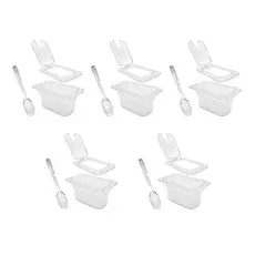 Kit 5 Cubas Gastronômicas GN 1/9 x 100mm 900ml - Completa com Tampa e Colher - Policarbonato