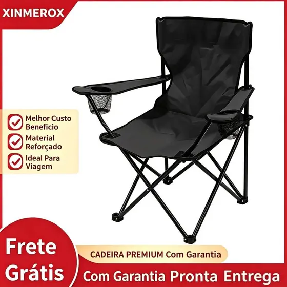 Cadeira Dobrável para Acampamento e Pesca com Bolsa de Transporte - Preto Sem Elevação Pernas