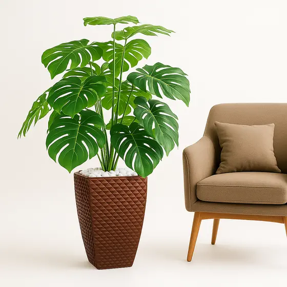 Planta Artificial Costela De Adão C/ Vaso Decorativo 3D Polietileno Marrom Enfeite Decoração Sala Escritório Home Office