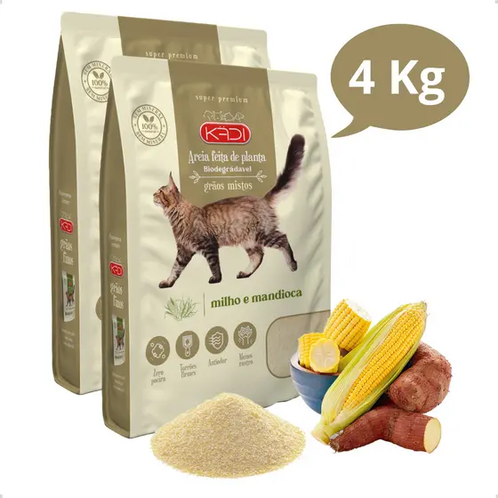 Kit 2 Areia Sanitária Higiênica Natural Biodegradável Grãos Mistos Milho e Mandioca Gatos Kadi 4 kg