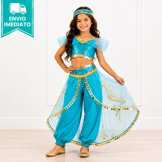 Fantasia Jasmine Vestido Carnaval Menina Luxo Disney Princesa + Coroa