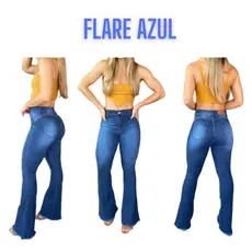 Calça Jeans Feminino Flare Tradicional Barra Desfiada Azul Clara - Azul - Azul Escuro - Azul Arranhada - Azul Escuro Com Riscos – Modela Levanta Bumbum Cós Cintura Alta Com Elastano Lycra – Cód. Flare