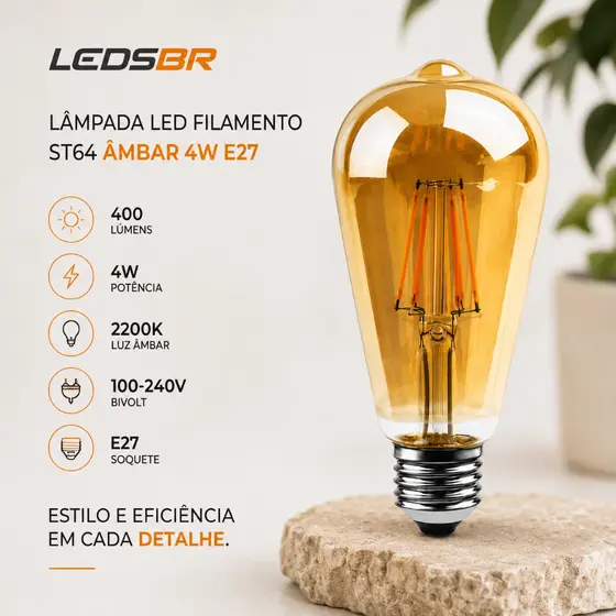 Lâmpada Decorativa Vintage Pera ST64 4W Filamento LED 2200K E27 Ledsbr – Kit com 1 a 4 Unidades