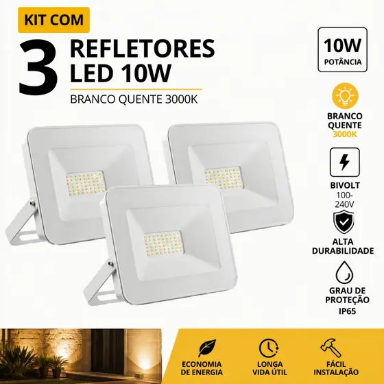 Kit C/3 Refletores Led 10W Br. Bivolt Branco Quente 3000K