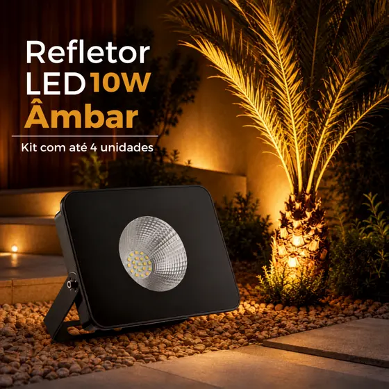 Refletor para área externa LED 10W SMD Preto Foco Âmbar - Kit com até 4 Unidades