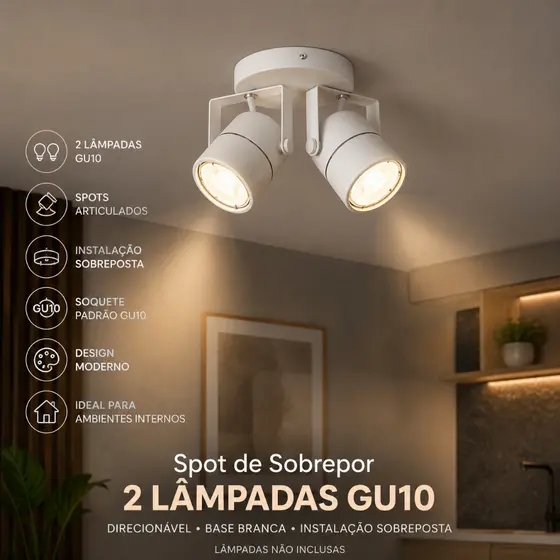 Spot de Sobrepor 2 Lâmpadas Dicroicas GU10 – Base Branca