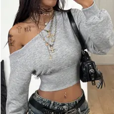 Blusa Cropped Lizzy Um Ombro Só Moletinho Manga Longa Feminina