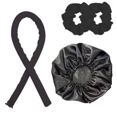 KIT 4 Peças Com Modelador de Cachos Heatless em Cetim + 2 Xuxinha Cetim + Touca Dupla Face - Protege e Define - WL