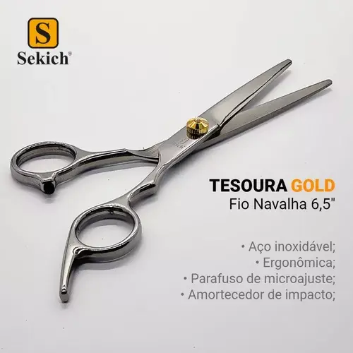 Tesoura Para Cabelo Profissional Fio Navalha Gold Sekich 6,5