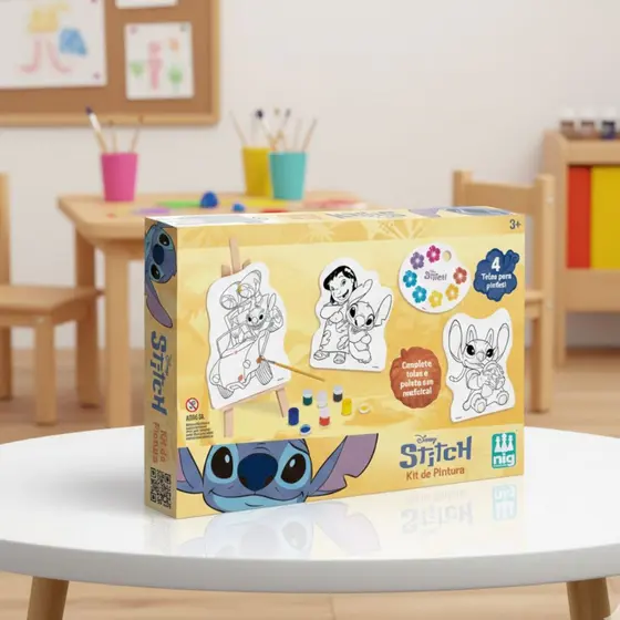 Kit de Pintura Stitch com Tela Tintas Cavalete  Pincel Presente Infantil Disney Coordenação Motora
