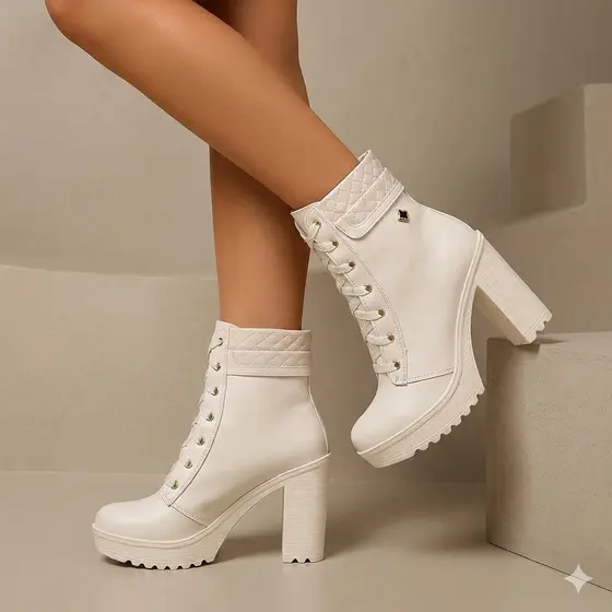 Coturno Bota Feminina OFF WHITE Salto Alto Bloco Cano Medio Confortavel WorldBoot Lançamento