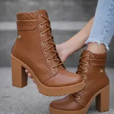 Bota Coturno Marrom Feminina Western Salto Grosso Casual Confortável Tratorada Moda Outono Inverno