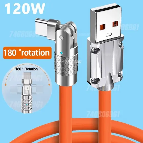 Cabo De Carga Rápida De Dados USB Tipo C De 180 Graus De Rotação Cotovelo De Jogo De Silicone Líquido Carregador De Telefone