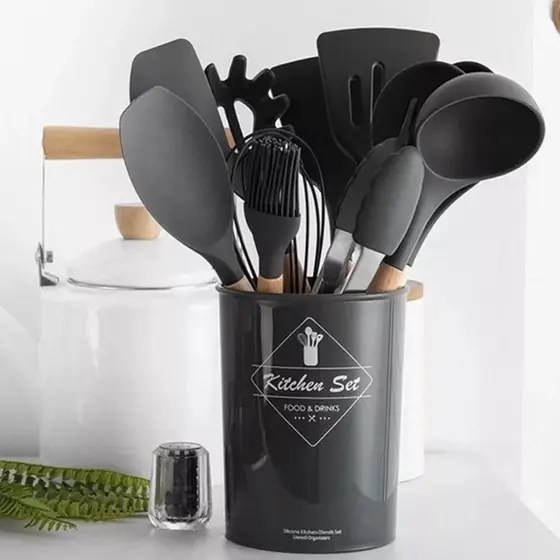 Jogo de Cozinha Kit Com 12 Peças de Silicone Utensílios e Copo Suporte para Cozinha Cabo de Madeira.
