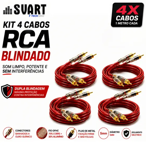 Kit 4 Cabos RCA 1 Metro Dupla Blindagem Banhado A Ouro Anti Ruído Som Automotivo Plug Metal Para Módulo