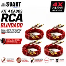 Kit 4 Cabos RCA 1 Metro Dupla Blindagem Banhado A Ouro Anti Ruído Som Automotivo Plug Metal Para Módulo
