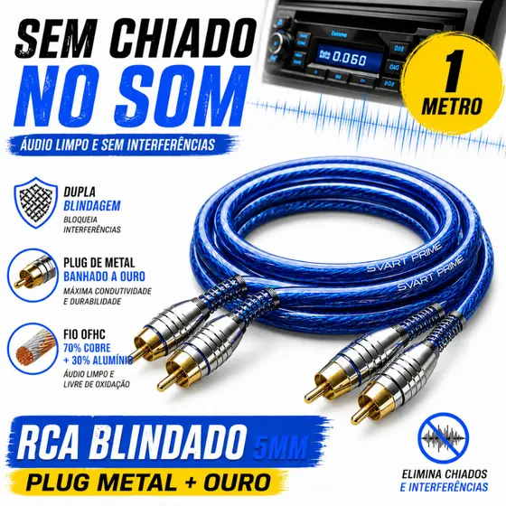 Cabo RCA 1 Metro Dupla Blindagem Anti Ruído Plug Metal Banhado Ouro Som Automotivo Svart Azul Para Módulo Amplificador