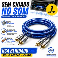 Cabo RCA 1 Metro Dupla Blindagem Anti Ruído Plug Metal Banhado Ouro Som Automotivo Svart Azul Para Módulo Amplificador
