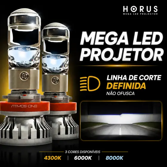 Par Lâmpada Mini Projetor LED Hórus H7 H8 H9 H11 H16 HB3 HB4 Linha de Corte Farol Forte 12V