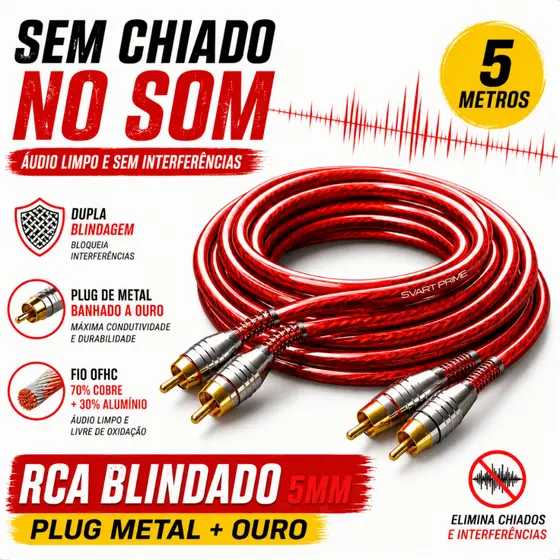 Cabo RCA 5 Metros Dupla Blindagem Anti Ruído Plug Metal Banhado Ouro Som Automotivo Svart Prime Para Módulo Amplificador