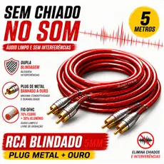Cabo RCA 5 Metros Dupla Blindagem Anti Ruído Plug Metal Banhado Ouro Som Automotivo Svart Prime Para Módulo Amplificador