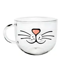 Caneca Xícara De Vidro Jumbo Sopa Caldo Cereal Gato 500ml