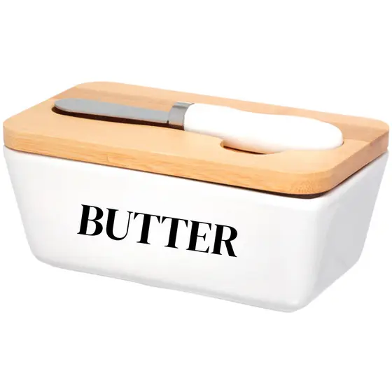 Manteigueira Porcelana Espátula Tampa Manteiga Cozinha Decoração Alimento Branco 400ml