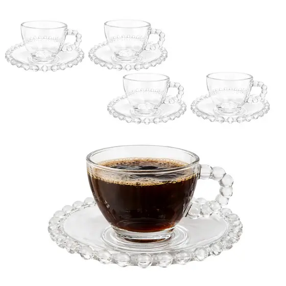 Jogo 4 Xícaras E Pires De Vidro Café Pearl Pérola 100ml
