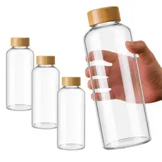 Kit 3 Garrafa Squeeze De Vidro Água Chá Suco 1 Litro Tampa Bambu