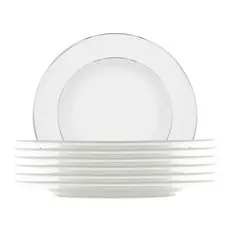 Jogo 12 Pratos de Cerâmica Porcelana Branco Borda Prateada Raso Refeição 27cm