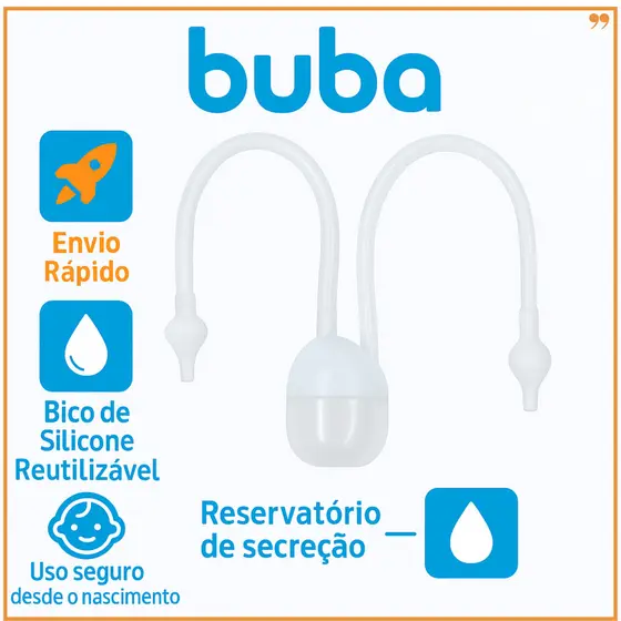 Aspirador Sugador Nasal BUBA com Ponteira Silicone | Reutilizável | Alívio Congestão Nasal Bebê +0m | BPA Free