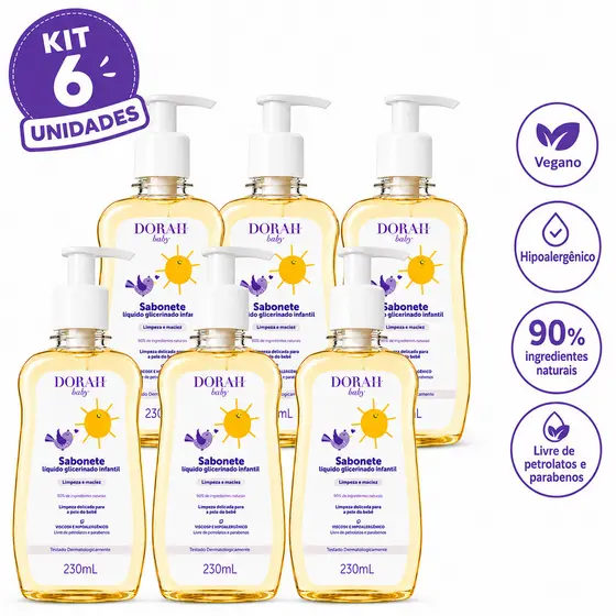 Kit 6 Sabonete Líquido Infantil Dorah Baby 230ml Dermatologicamente Testado - Pump