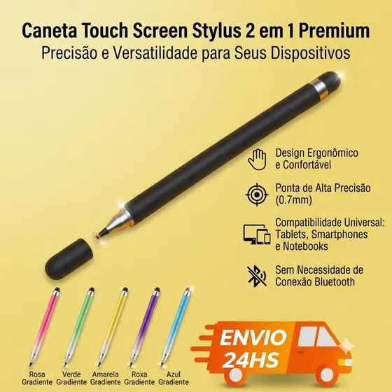 Caneta Touch Screen Stylus Universal 2 em 1  Compatível com Tablet iPad, Samsung Galaxy e Xiaomi