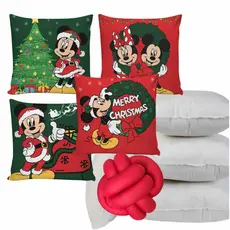 Kit 4 Almofadas CHEIA Silicone 45x45cm + Almofada de Nó Sala Minnie e Mickey Stitch de Natal