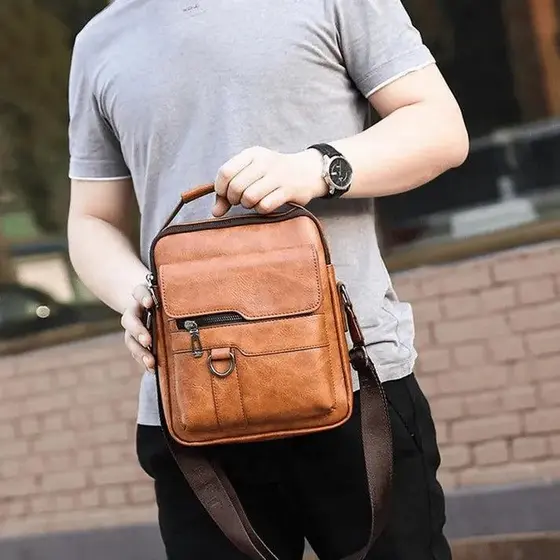 Bolsa Masculina Tiracolo Transversal Estilo Couro Premium Executiva Moderna Multicamadas Ombro