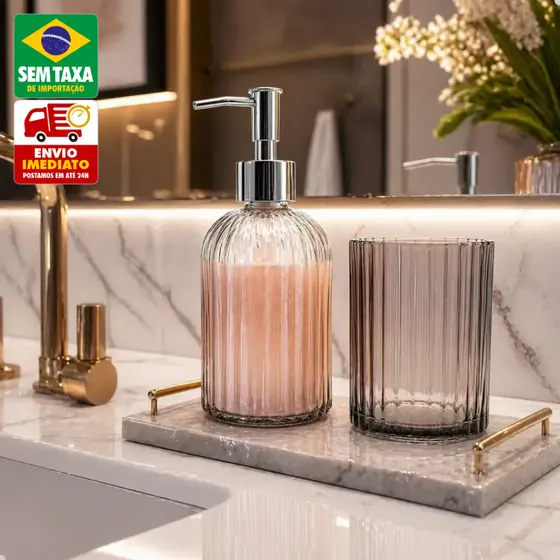 Kit Banheiro em Vidro com Dispenser Pump 400ml Porta Escova de Dentes Lavabo 2 Peças Elegante