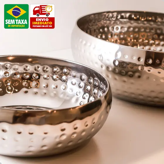 Vaso Decorativo Prata Inox Martelado Cachepô 18cm Centro de Mesa Moderno Em Casa Tem