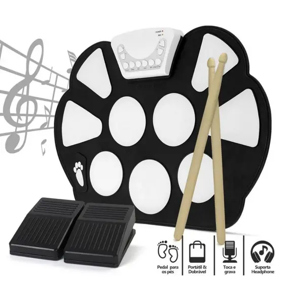 Bateria Musical Eletronica Silicone Dobravel Baquetas 2 Pedais Portátil Roll Up USB
