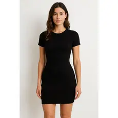 Vestido Curto Feminino Malha Canelada Justo Manga Curta