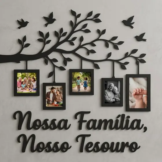 Quadro Decorativo em MDF Árvore com Porta Fotos “Nossa Família, Nosso Tesouro”