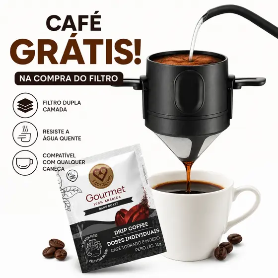 Mini Filtro De Café Chá Coador De Café Reutilizável Portátil Inox + Ganhe Café 3 Corações Gourmet Grátis