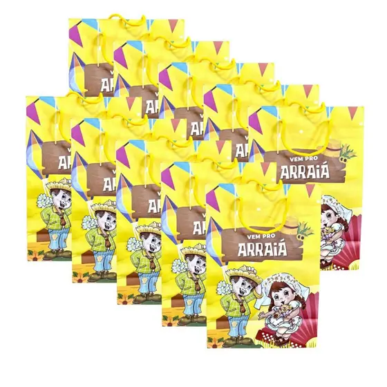 Kit 10 Sacolas De Papel Vem Pro Arraiá Bolsinha Festa Junina