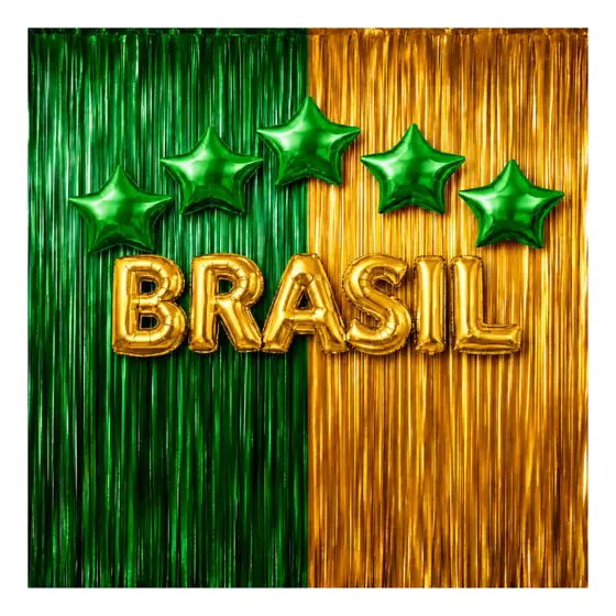 Kit Balões Brasil 5 Estrelas Verdes + Letras BRASIL + 2 Cortinas Decorativas