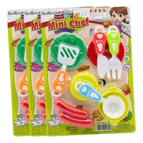 3 Kit Mini Chef Infantil Cozinha de Brinquedo com Comidinhas