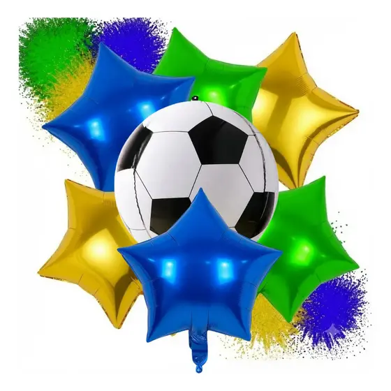 Kit 7 Balões Brasil Copa com Bola 55cm e 6 Estrelas 45cm Metalizadas