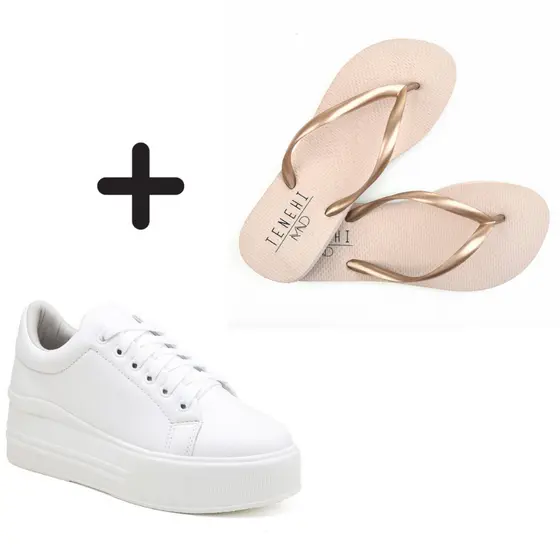 Kit Tênis + Chinelo Tenis Feminino Branco Plataforma Confortável Original + Chinelo de Dedo