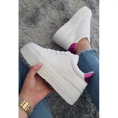 Tênis Feminino Casual Plataforma Flatform Branco Traseirinha Pink Promo