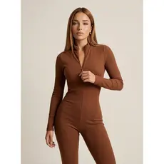 Macacão Virginia Ziper Manga Longa Moda Gringa Canelado Luxo