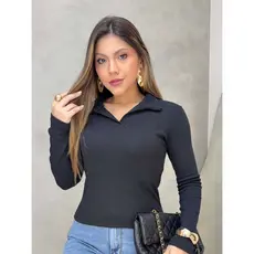 Blusa Polo Feminina manga longa canelada premium tendencia casual outono inverno