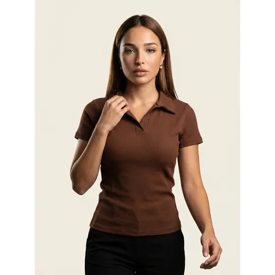 Blusa Feminina Gola Polo Ribana Canelada Básica Tendencia